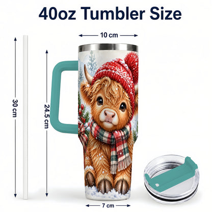 #pl[40oz|Green] Watercolor Highland Cow 40oz Tumbler with Handle, Winter Travel Cup