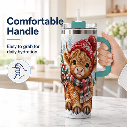 #pl[40oz|Green] Watercolor Highland Cow 40oz Tumbler with Handle, Winter Travel Cup