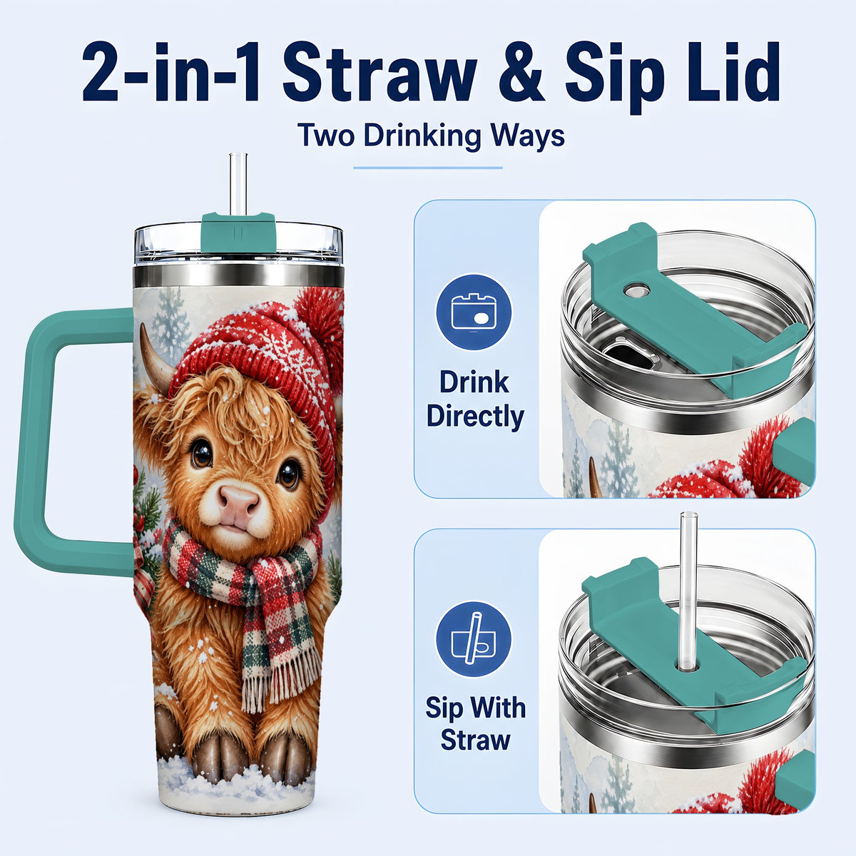 #pl[40oz|Green] Watercolor Highland Cow 40oz Tumbler with Handle, Winter Travel Cup