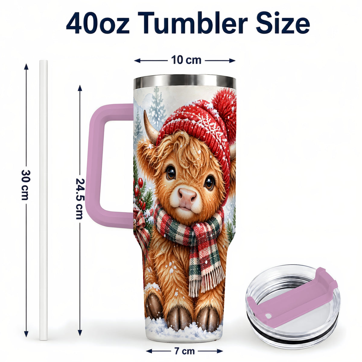 #pl[40oz|Pink] Watercolor Highland Cow 40oz Tumbler with Handle, Winter Travel Cup