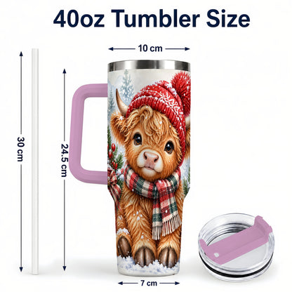 #pl[40oz|Pink] Watercolor Highland Cow 40oz Tumbler with Handle, Winter Travel Cup