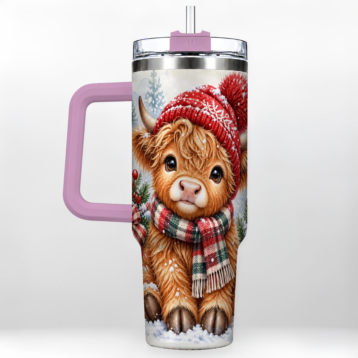 #pl[40oz|Pink] Watercolor Highland Cow 40oz Tumbler with Handle, Winter Travel Cup