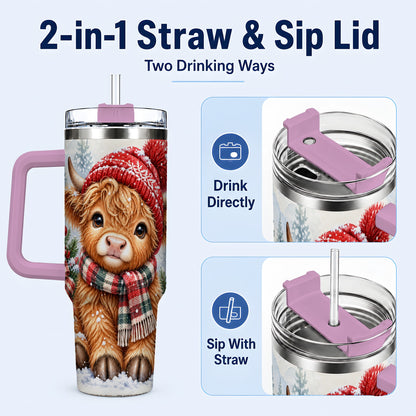 #pl[40oz|Pink] Watercolor Highland Cow 40oz Tumbler with Handle, Winter Travel Cup