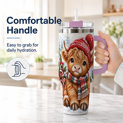 #pl[40oz|Pink] Watercolor Highland Cow 40oz Tumbler with Handle, Winter Travel Cup