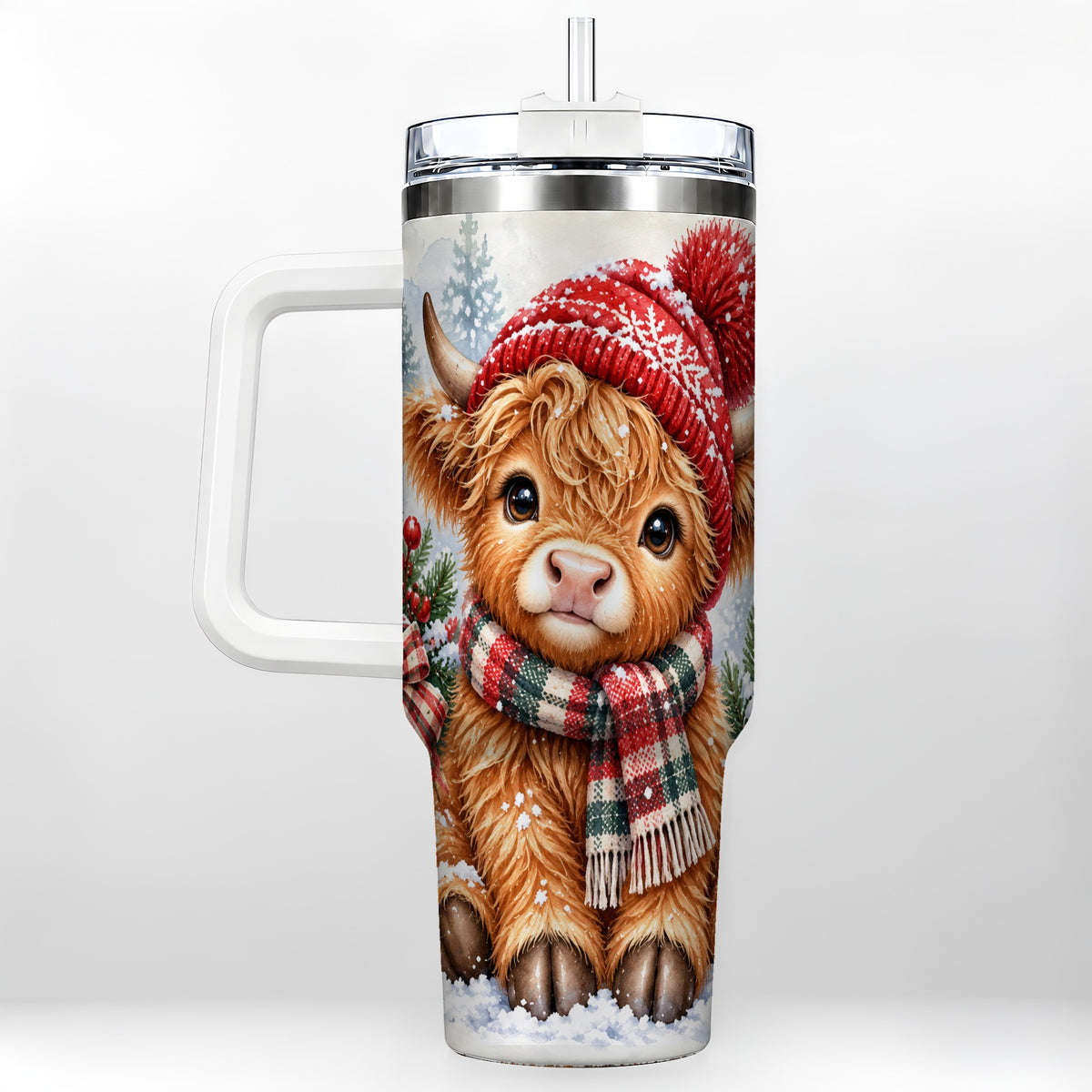 #pl[40oz|White] Watercolor Highland Cow 40oz Tumbler with Handle, Winter Travel Cup