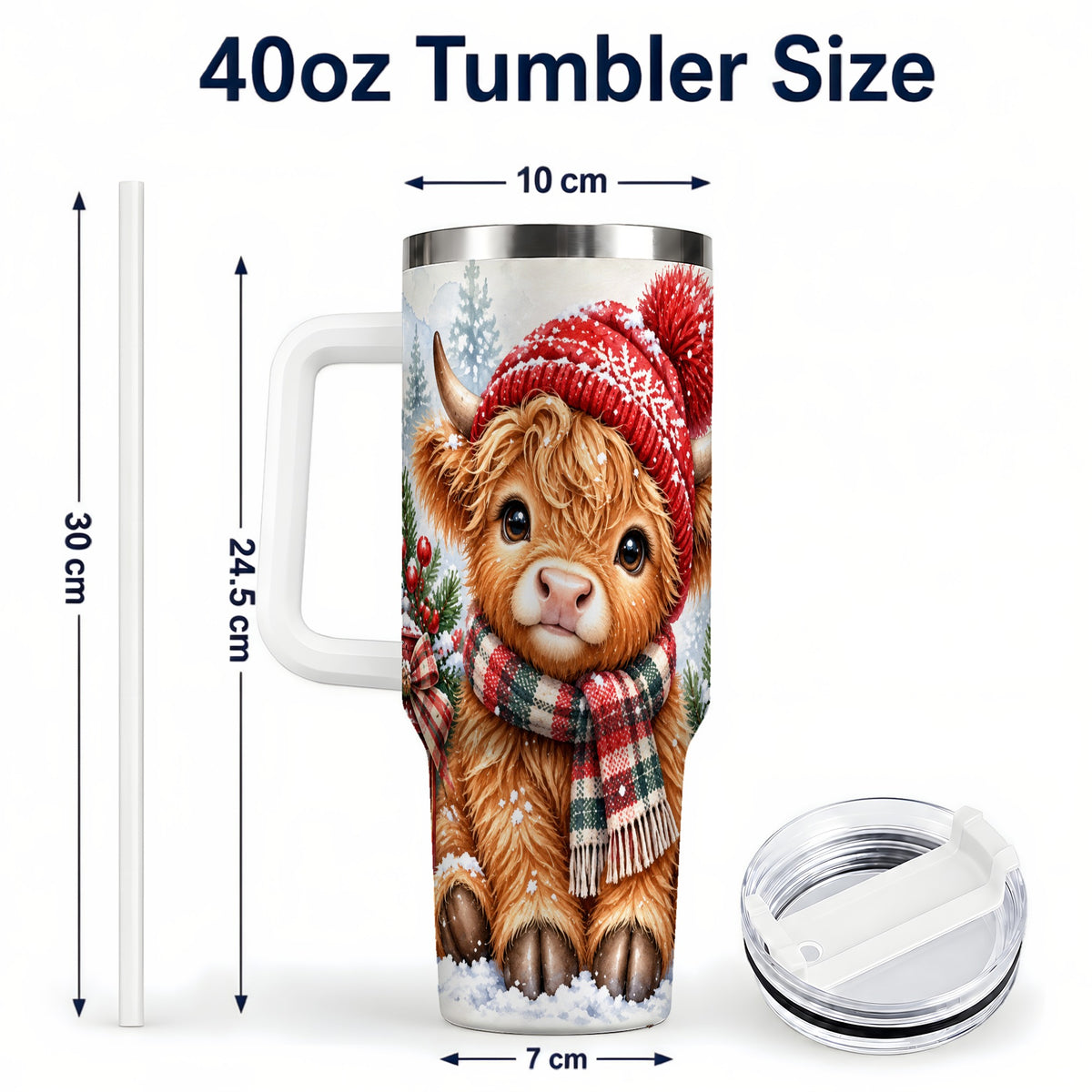 #pl[40oz|White] Watercolor Highland Cow 40oz Tumbler with Handle, Winter Travel Cup