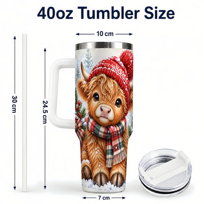 #pl[40oz|White] Watercolor Highland Cow 40oz Tumbler with Handle, Winter Travel Cup