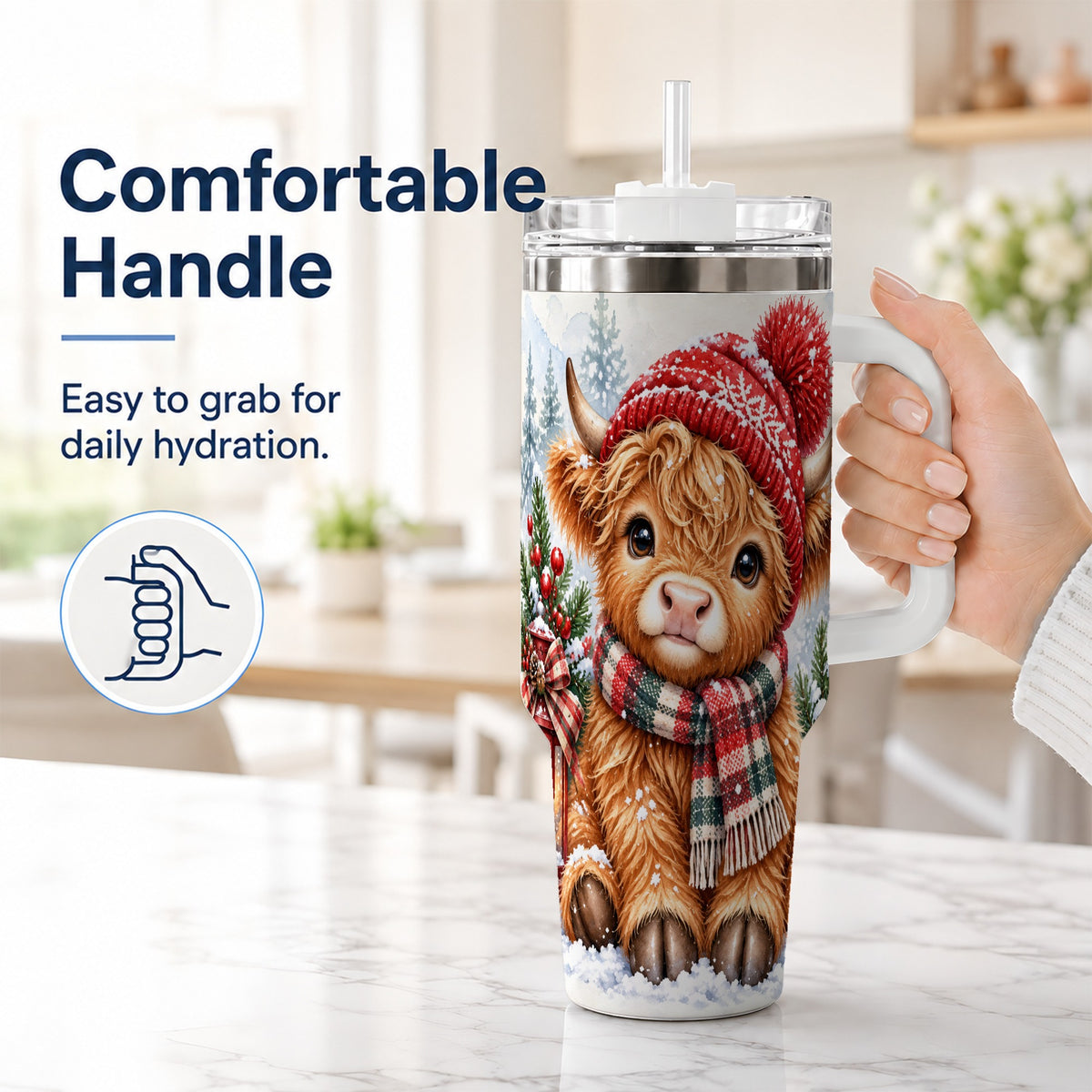 #pl[40oz|White] Watercolor Highland Cow 40oz Tumbler with Handle, Winter Travel Cup
