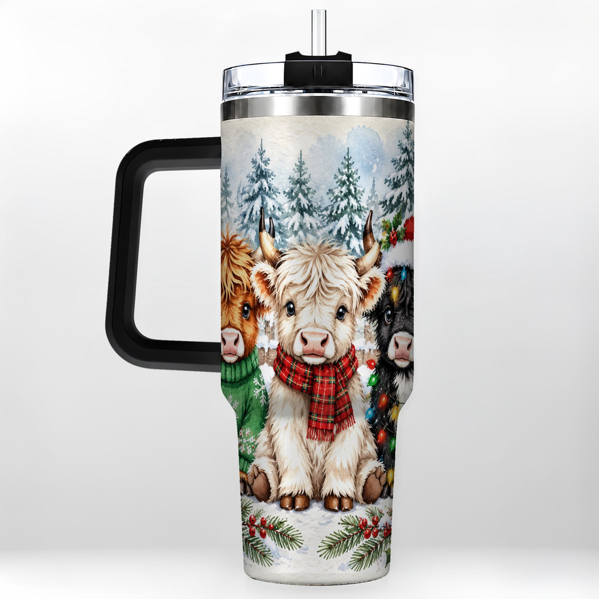 #pl[40oz|Black] Christmas Highland Cattle 40oz Tumbler with Handle, Winter Travel Cup