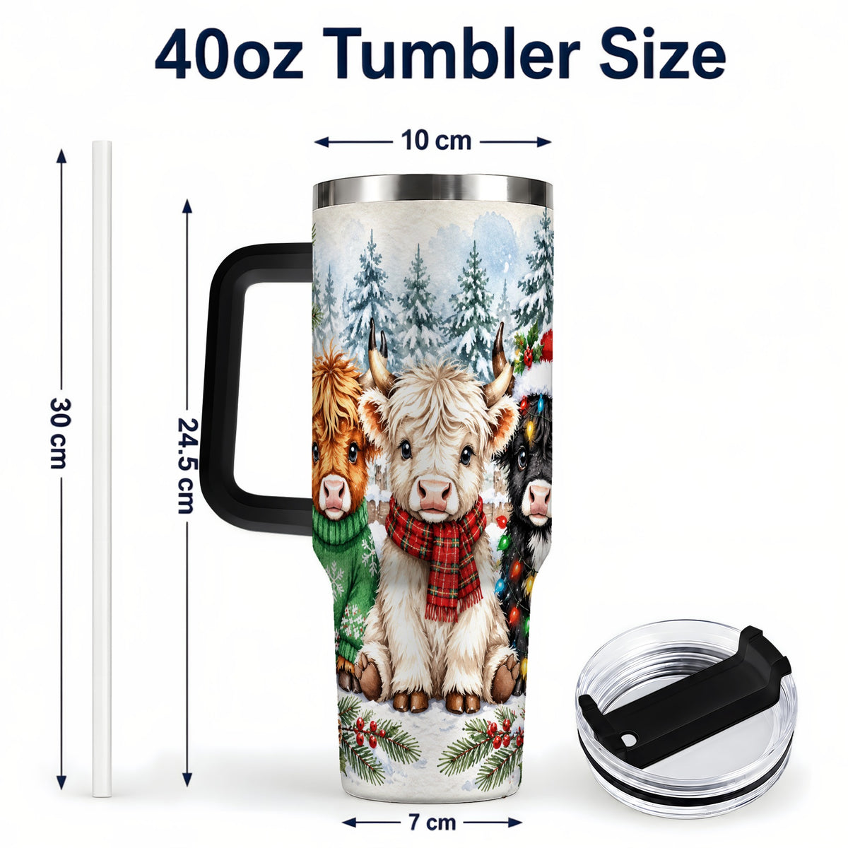 #pl[40oz|Black] Christmas Highland Cattle 40oz Tumbler with Handle, Winter Travel Cup