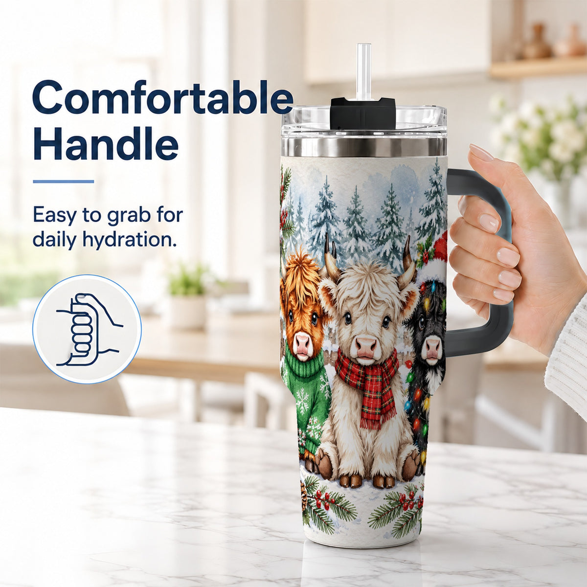 #pl[40oz|Black] Christmas Highland Cattle 40oz Tumbler with Handle, Winter Travel Cup