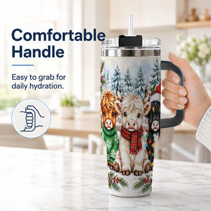 #pl[40oz|Black] Christmas Highland Cattle 40oz Tumbler with Handle, Winter Travel Cup