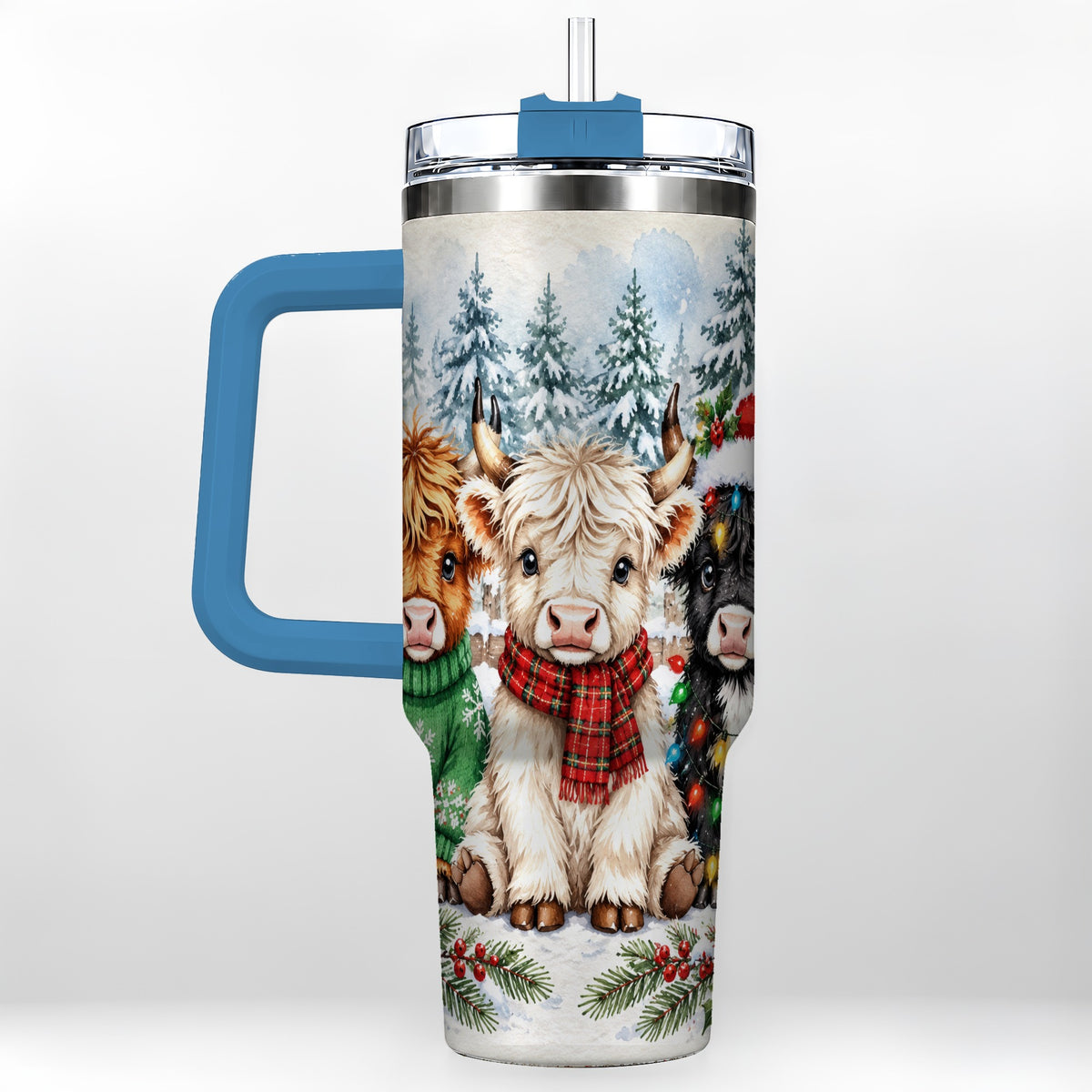 #pl[40oz|Blue] Christmas Highland Cattle 40oz Tumbler with Handle, Winter Travel Cup