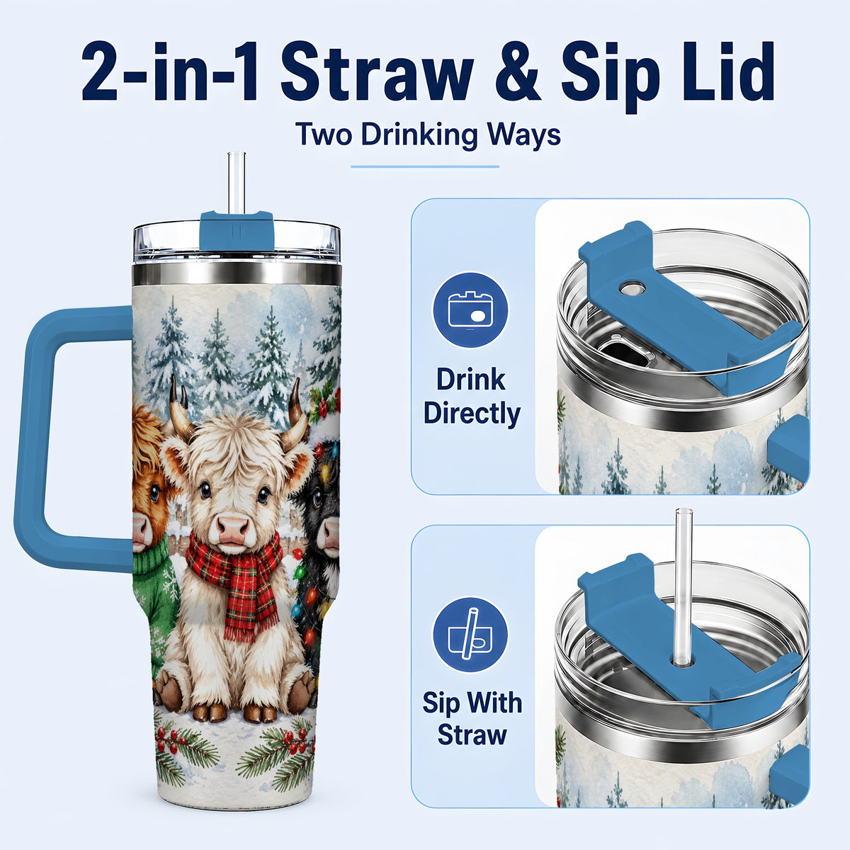 #pl[40oz|Blue] Christmas Highland Cattle 40oz Tumbler with Handle, Winter Travel Cup