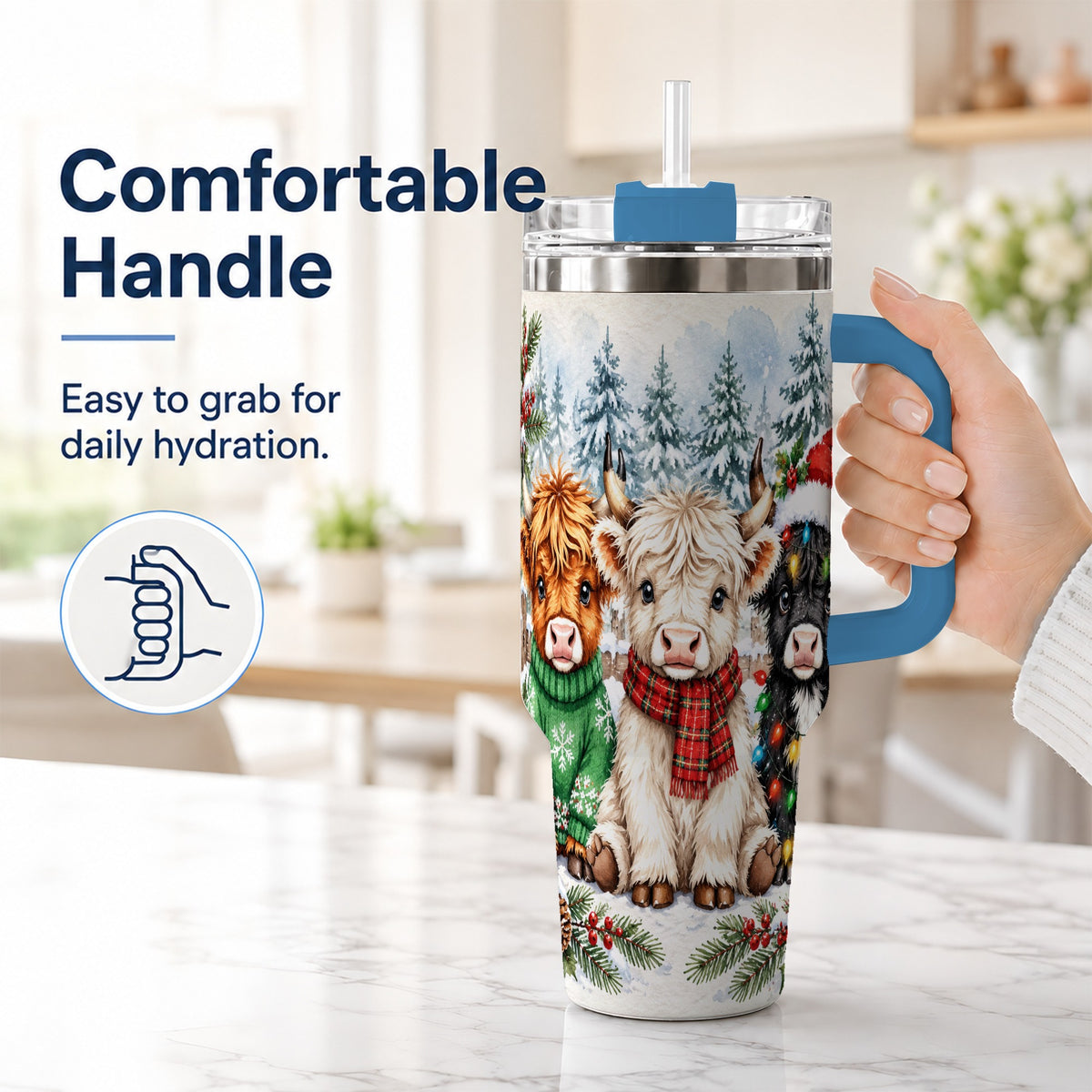 #pl[40oz|Blue] Christmas Highland Cattle 40oz Tumbler with Handle, Winter Travel Cup