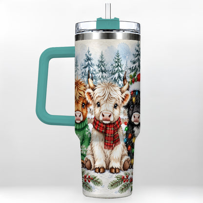 #pl[40oz|Green] Christmas Highland Cattle 40oz Tumbler with Handle, Winter Travel Cup