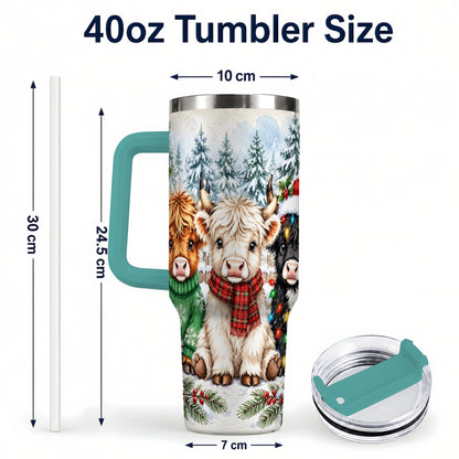 #pl[40oz|Green] Christmas Highland Cattle 40oz Tumbler with Handle, Winter Travel Cup