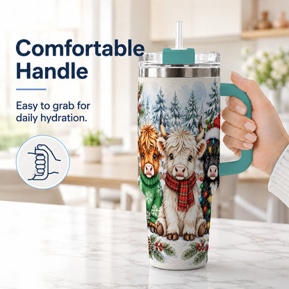 #pl[40oz|Green] Christmas Highland Cattle 40oz Tumbler with Handle, Winter Travel Cup