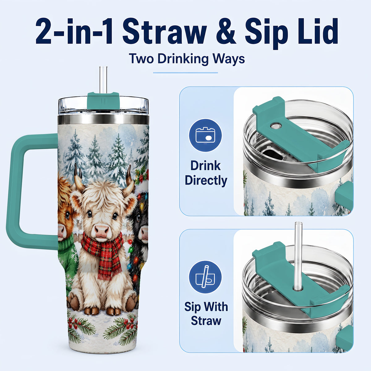 #pl[40oz|Green] Christmas Highland Cattle 40oz Tumbler with Handle, Winter Travel Cup