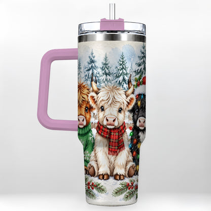 #pl[40oz|Pink] Christmas Highland Cattle 40oz Tumbler with Handle, Winter Travel Cup