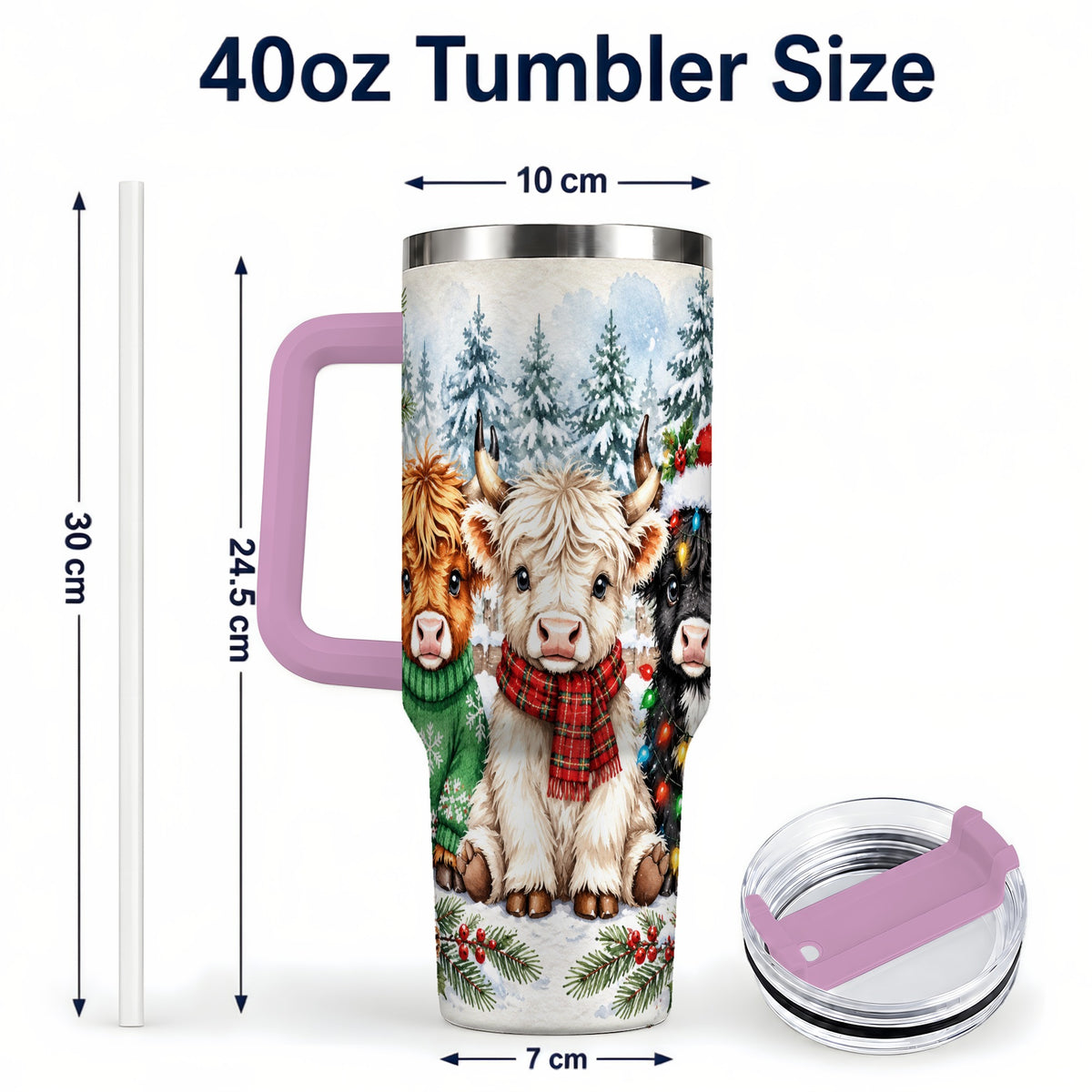 #pl[40oz|Pink] Christmas Highland Cattle 40oz Tumbler with Handle, Winter Travel Cup