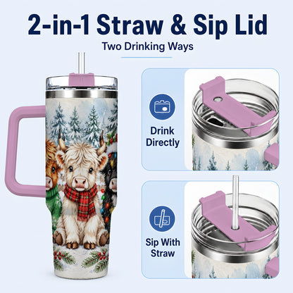 #pl[40oz|Pink] Christmas Highland Cattle 40oz Tumbler with Handle, Winter Travel Cup