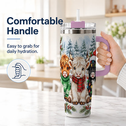 #pl[40oz|Pink] Christmas Highland Cattle 40oz Tumbler with Handle, Winter Travel Cup