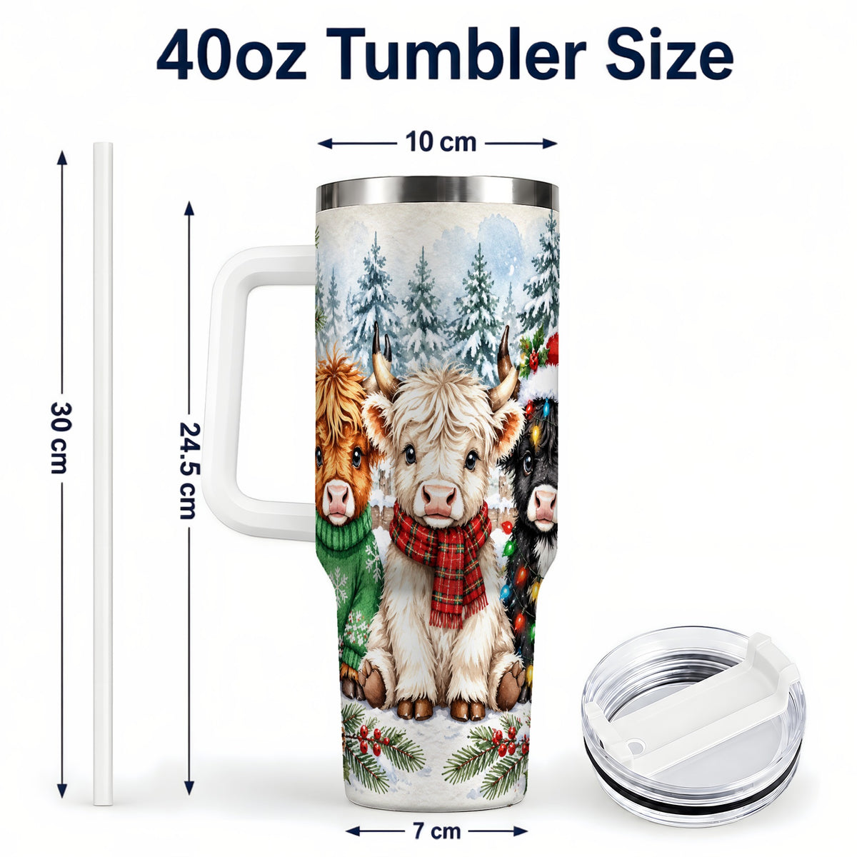 #pl[40oz|White] Christmas Highland Cattle 40oz Tumbler with Handle, Winter Travel Cup