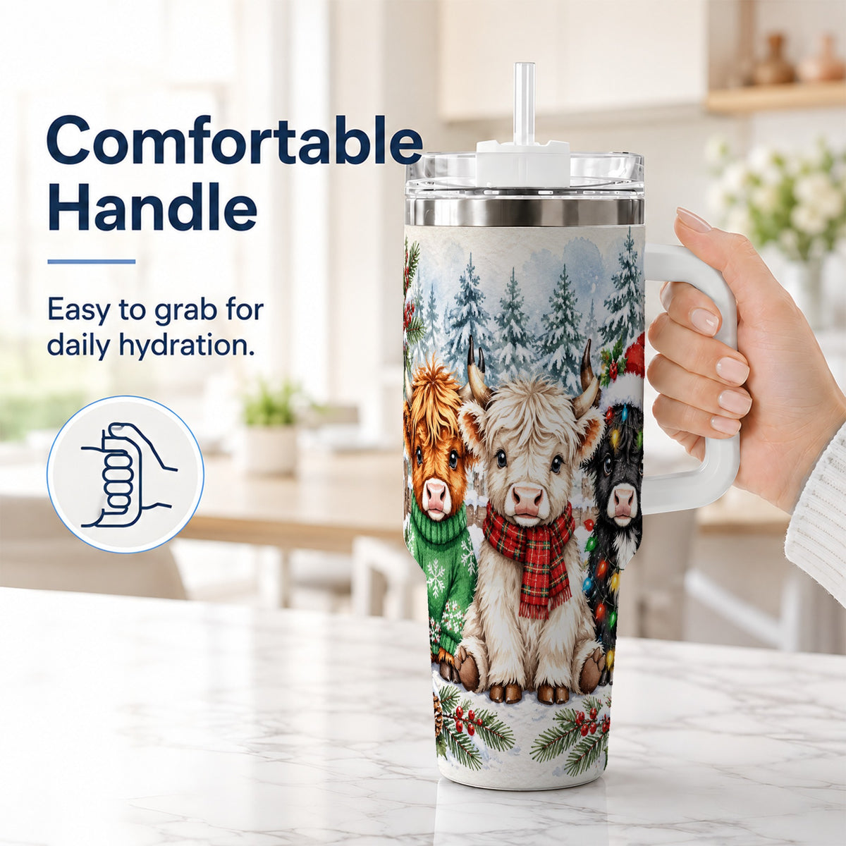 #pl[40oz|White] Christmas Highland Cattle 40oz Tumbler with Handle, Winter Travel Cup