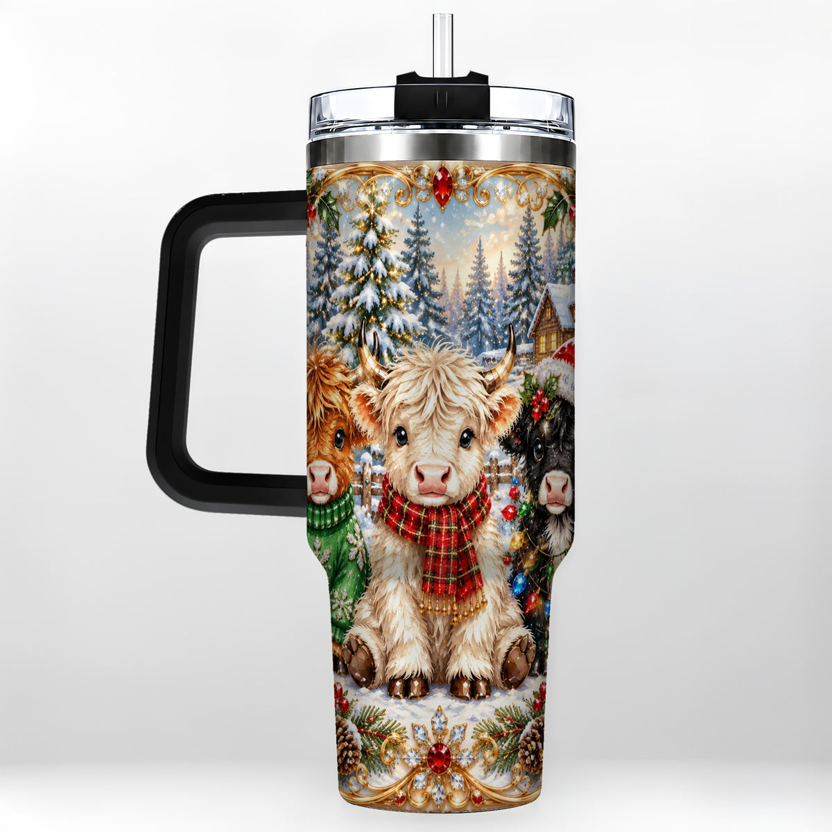 #pl[40oz|Black] Jeweled Highland Cattle 40oz Tumbler with Handle, Winter Travel Cup