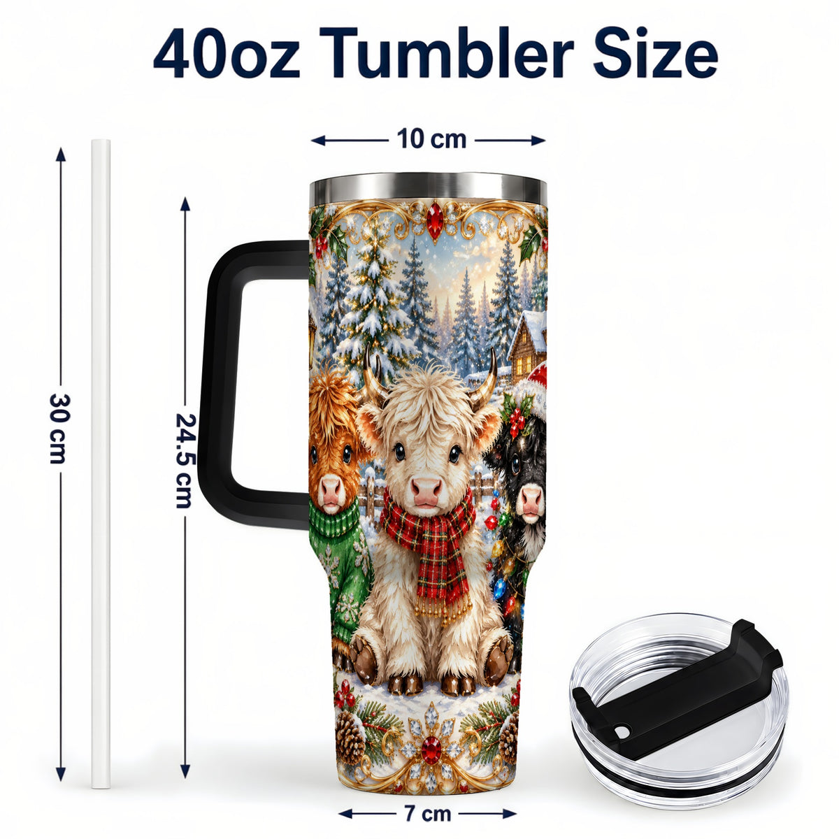 #pl[40oz|Black] Jeweled Highland Cattle 40oz Tumbler with Handle, Winter Travel Cup