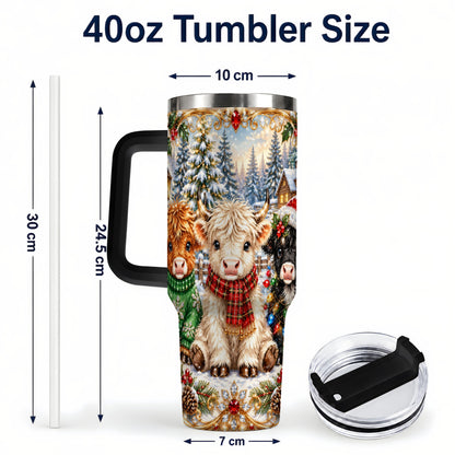 #pl[40oz|Black] Jeweled Highland Cattle 40oz Tumbler with Handle, Winter Travel Cup