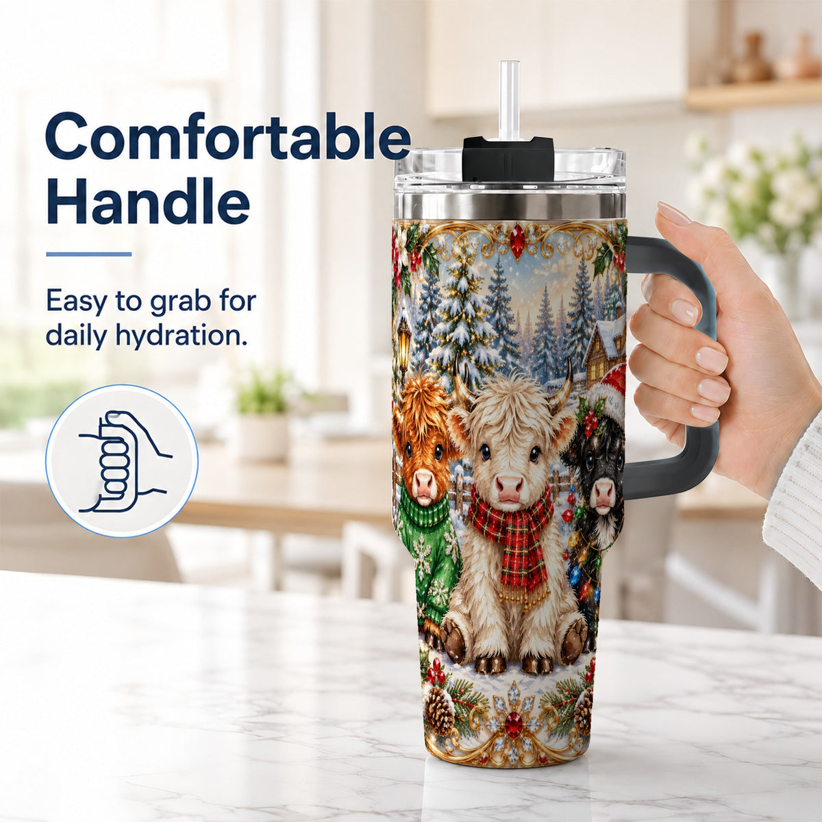 #pl[40oz|Black] Jeweled Highland Cattle 40oz Tumbler with Handle, Winter Travel Cup