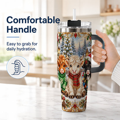 #pl[40oz|Black] Jeweled Highland Cattle 40oz Tumbler with Handle, Winter Travel Cup