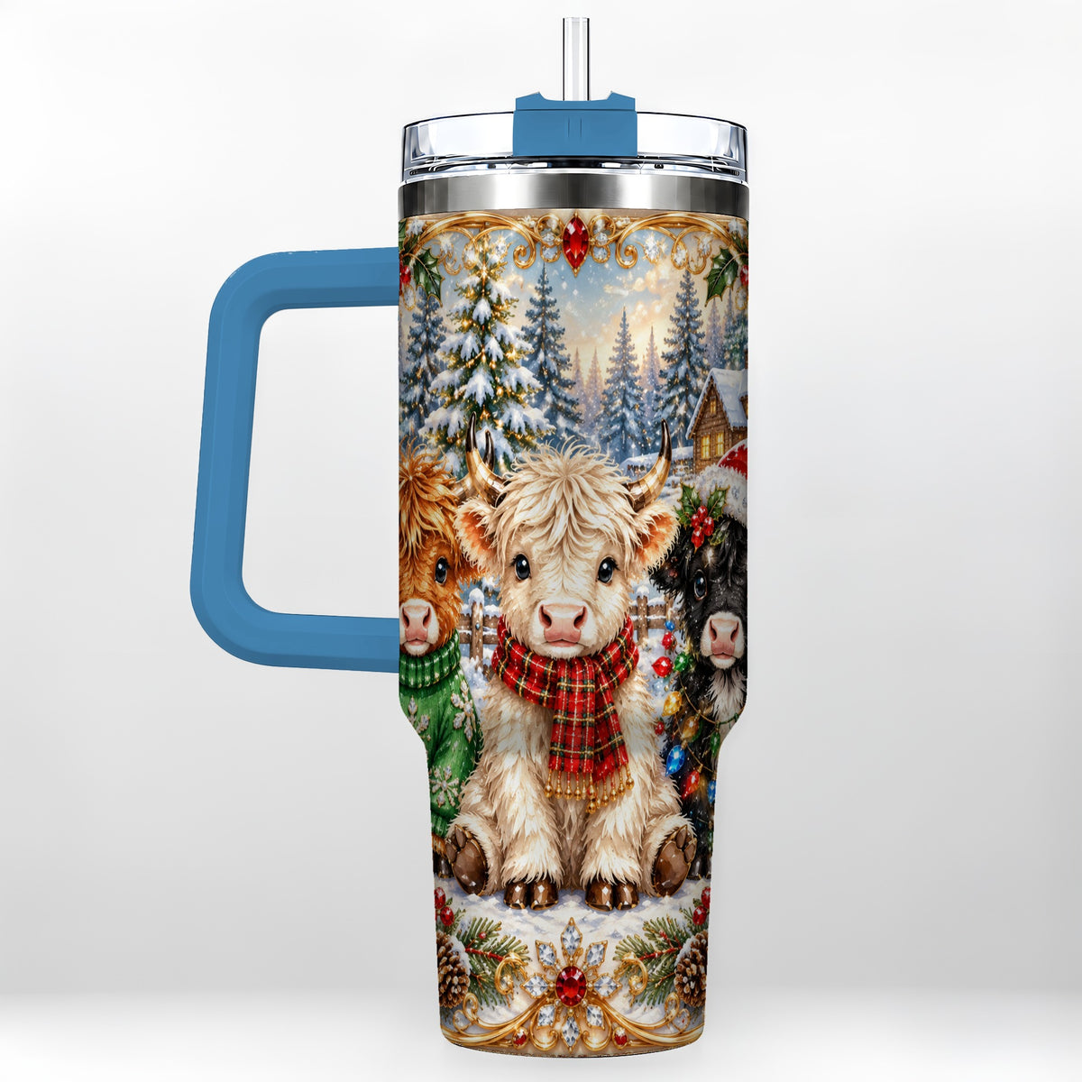 #pl[40oz|Blue] Jeweled Highland Cattle 40oz Tumbler with Handle, Winter Travel Cup
