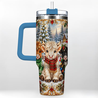 #pl[40oz|Blue] Jeweled Highland Cattle 40oz Tumbler with Handle, Winter Travel Cup