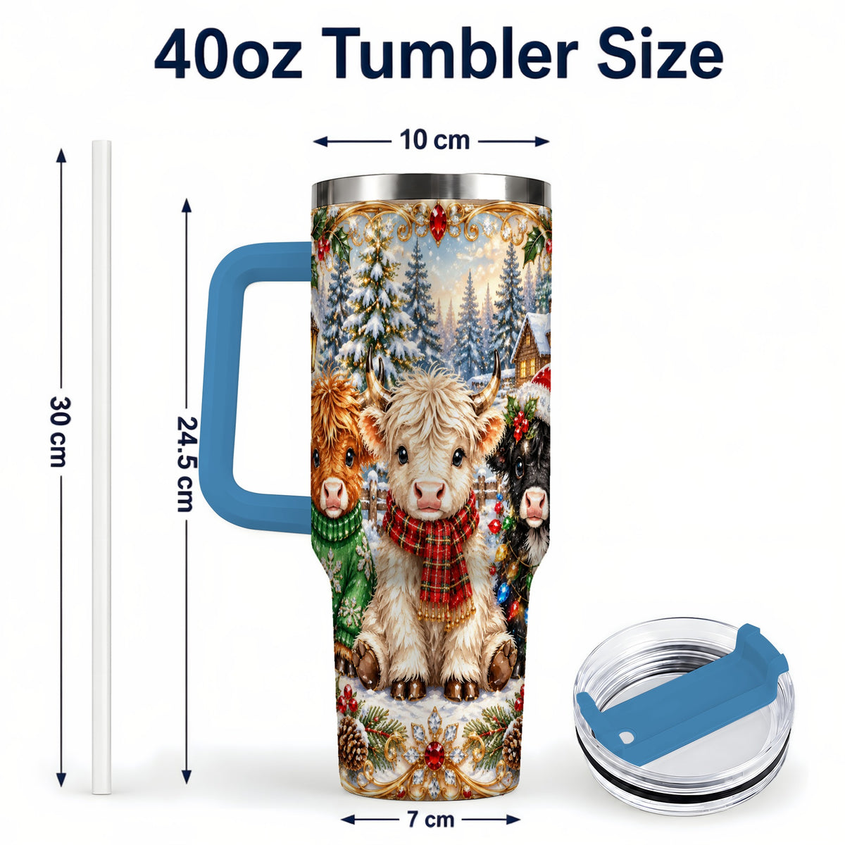 #pl[40oz|Blue] Jeweled Highland Cattle 40oz Tumbler with Handle, Winter Travel Cup