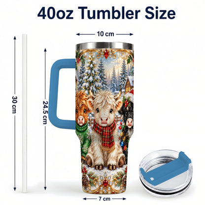 #pl[40oz|Blue] Jeweled Highland Cattle 40oz Tumbler with Handle, Winter Travel Cup