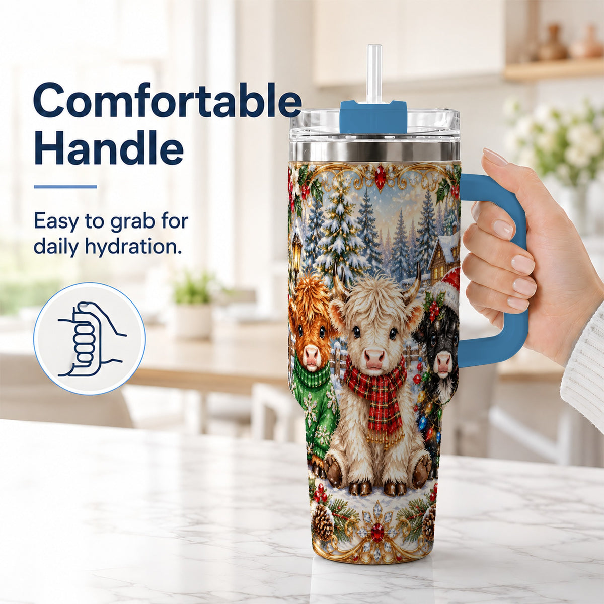 #pl[40oz|Blue] Jeweled Highland Cattle 40oz Tumbler with Handle, Winter Travel Cup