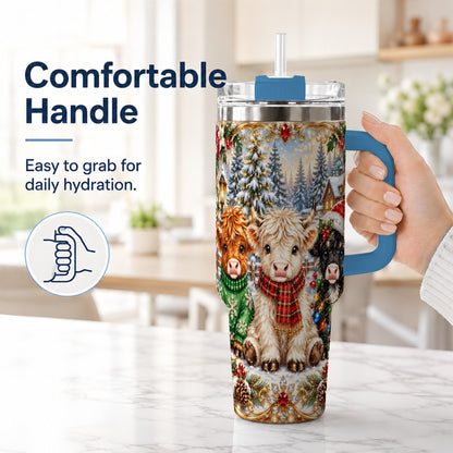 #pl[40oz|Blue] Jeweled Highland Cattle 40oz Tumbler with Handle, Winter Travel Cup