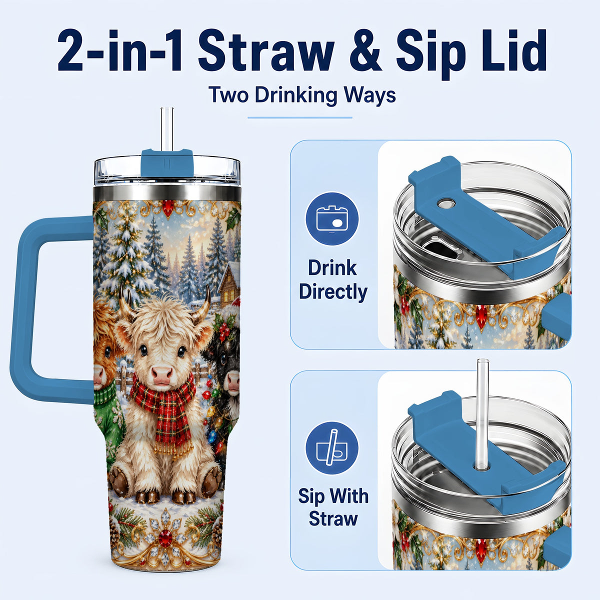 #pl[40oz|Blue] Jeweled Highland Cattle 40oz Tumbler with Handle, Winter Travel Cup