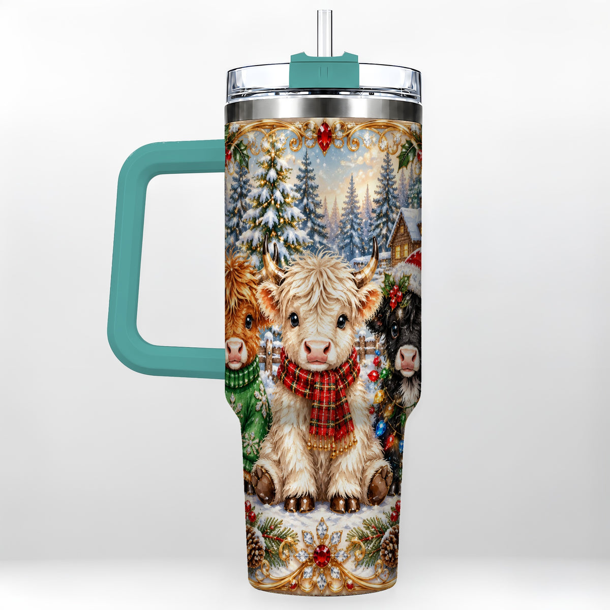 #pl[40oz|Green] Jeweled Highland Cattle 40oz Tumbler with Handle, Winter Travel Cup