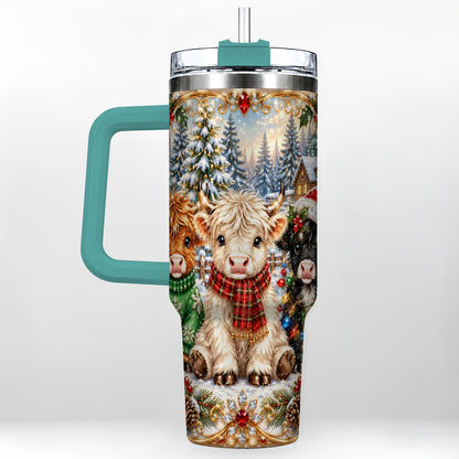 #pl[40oz|Green] Jeweled Highland Cattle 40oz Tumbler with Handle, Winter Travel Cup