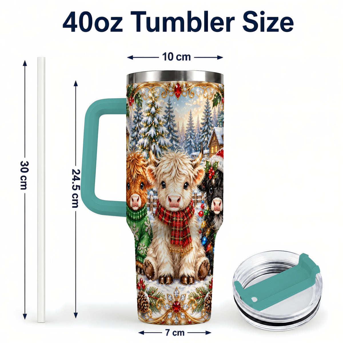 #pl[40oz|Green] Jeweled Highland Cattle 40oz Tumbler with Handle, Winter Travel Cup