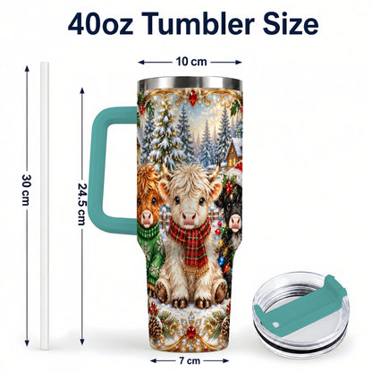 #pl[40oz|Green] Jeweled Highland Cattle 40oz Tumbler with Handle, Winter Travel Cup