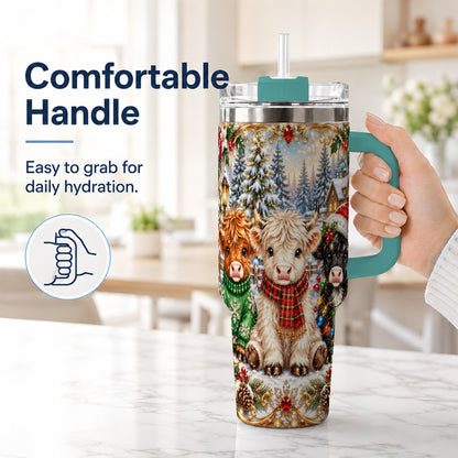 #pl[40oz|Green] Jeweled Highland Cattle 40oz Tumbler with Handle, Winter Travel Cup