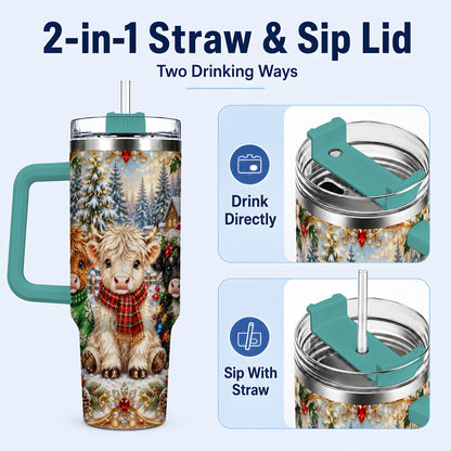 #pl[40oz|Green] Jeweled Highland Cattle 40oz Tumbler with Handle, Winter Travel Cup