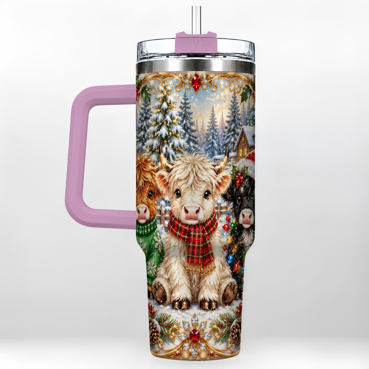 #pl[40oz|Pink] Jeweled Highland Cattle 40oz Tumbler with Handle, Winter Travel Cup