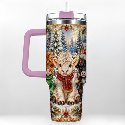 #pl[40oz|Pink] Jeweled Highland Cattle 40oz Tumbler with Handle, Winter Travel Cup