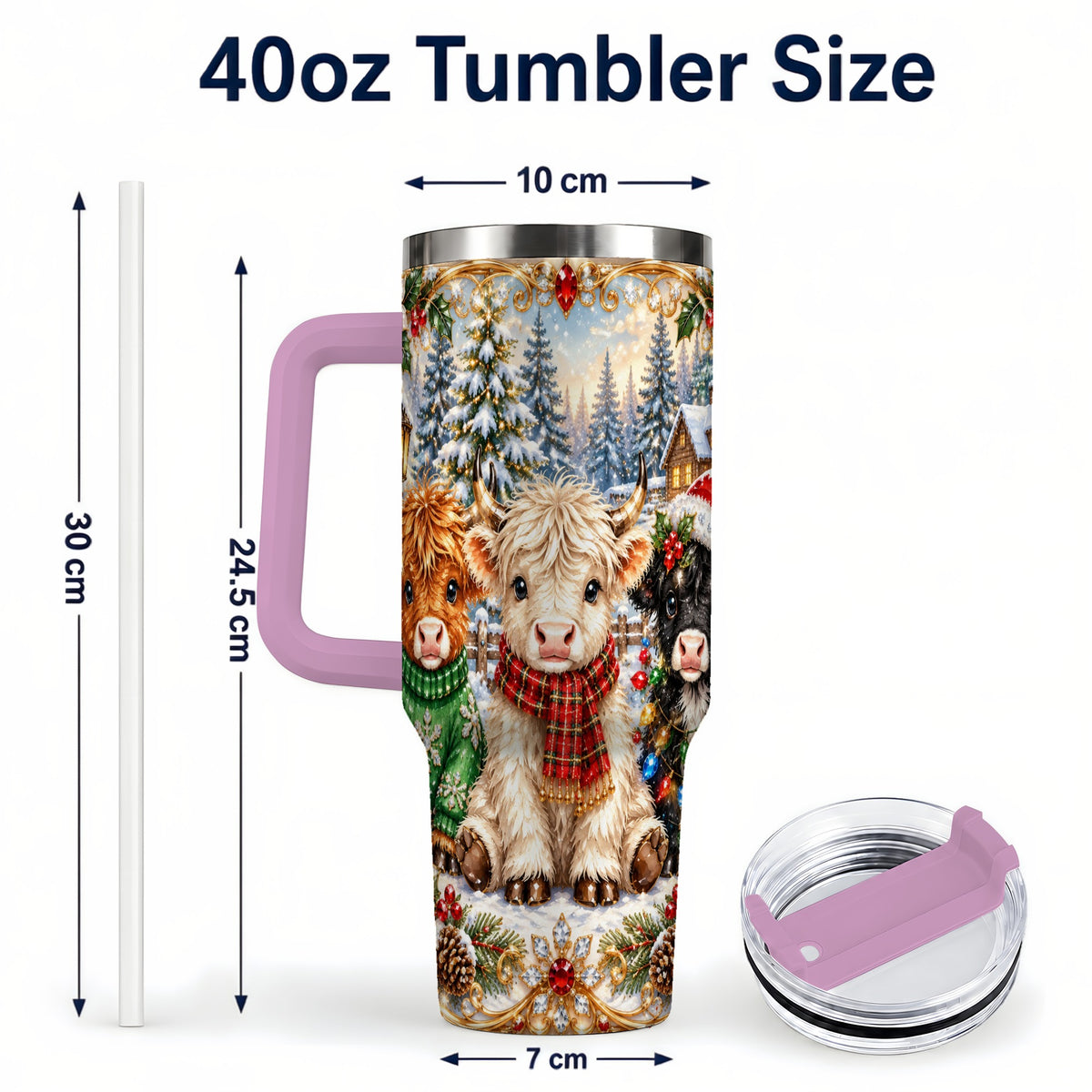 #pl[40oz|Pink] Jeweled Highland Cattle 40oz Tumbler with Handle, Winter Travel Cup
